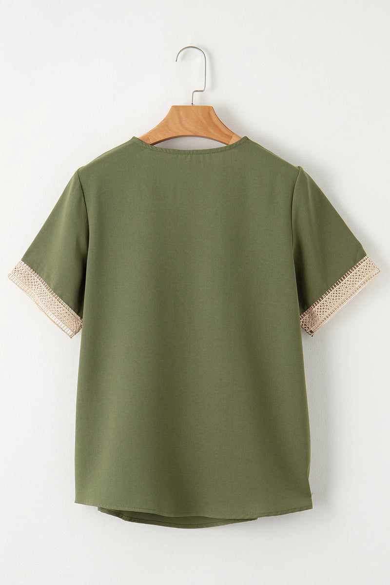 Load image into Gallery viewer, DLLS518 - Ladies Green Lace Trim V Neck Short Sleeve Blouse
