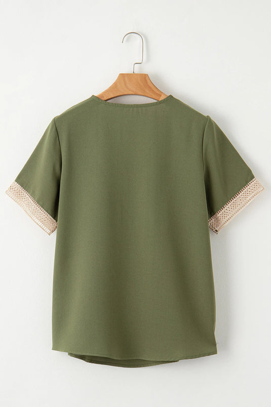 DLLS518 - Ladies Green Lace Trim V Neck Short Sleeve Blouse