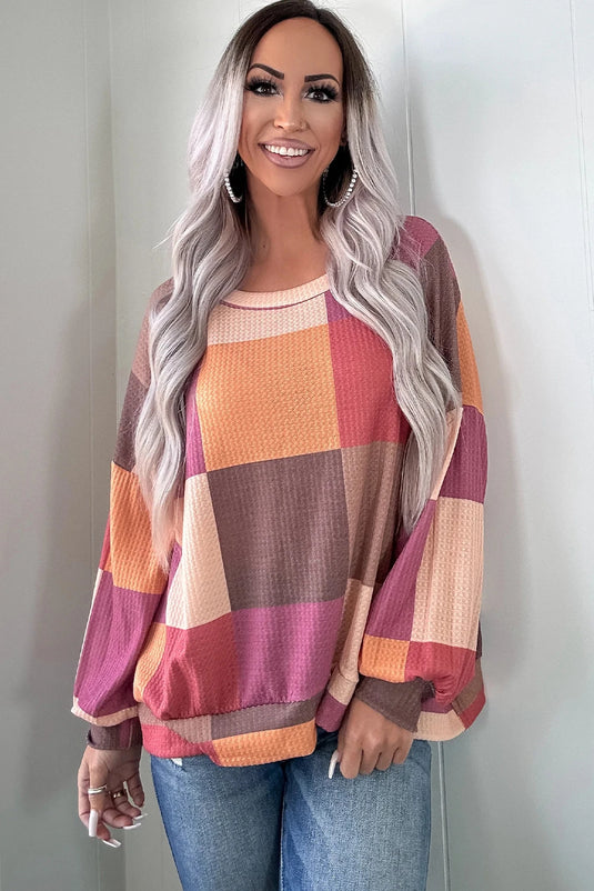 DLLS198 - Ladies Rose Red Checkered Print Textured Knit Long Sleeve Loose Top