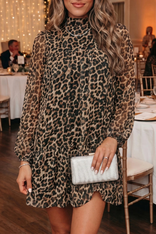 DLLS667 - Ladies Brown Spotted And Chic Leopard Mini Dress