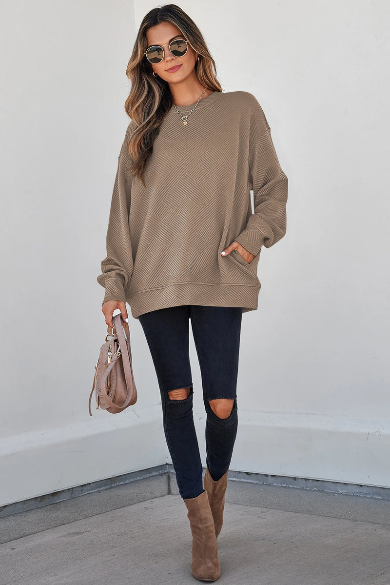 Load image into Gallery viewer, DLLS1014 - Ladies Parchment Solid Color Textured Round Neck Drop Shoulder
