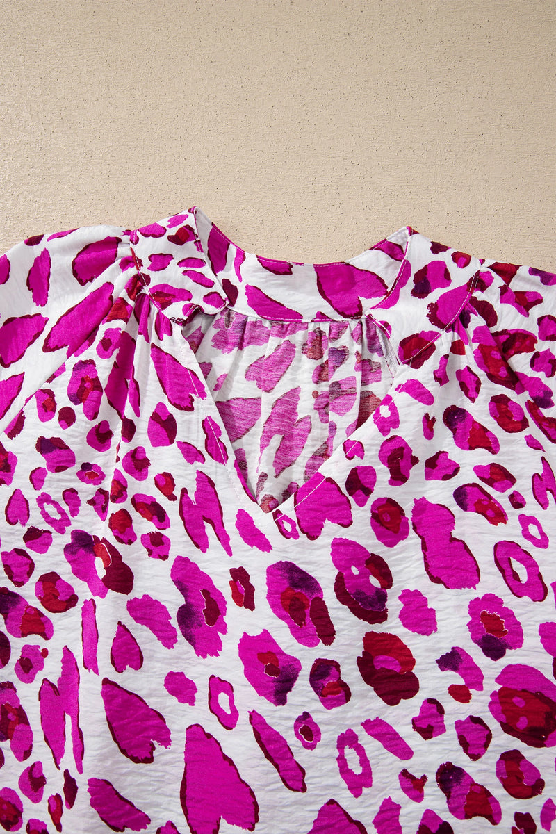 Load image into Gallery viewer, DLLS493 - Ladies Rose Leopard Print V Neck Puffy Half Sleeve Blouse
