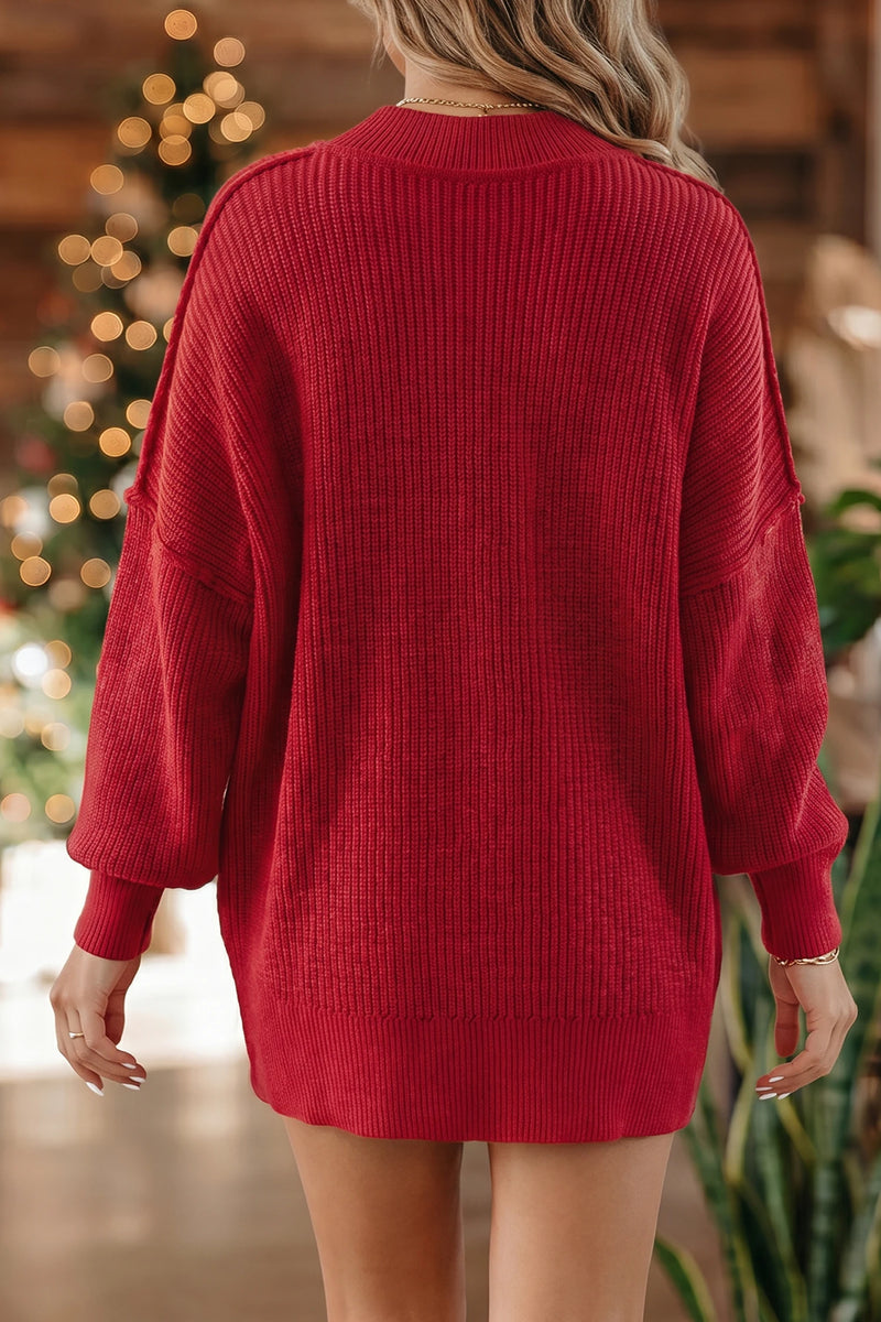 Load image into Gallery viewer, DLLS738 - Ladies Red Dahlia Long Sleeve Ribbed Knit Stand Neck Regular Fit Sweater
