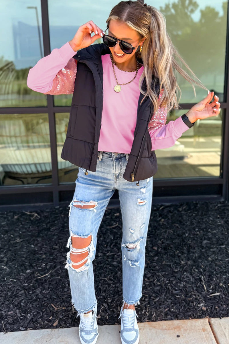 Load image into Gallery viewer, DLLS820 - Ladies Pink Long Sleeve Sequin Round Neck Pullover Top
