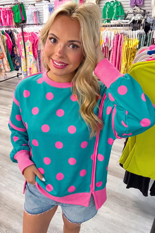 DLLS1056 - Ladies Blue Polka Dot Contrast Patchwork Round Neck Baggy Sweatshirt