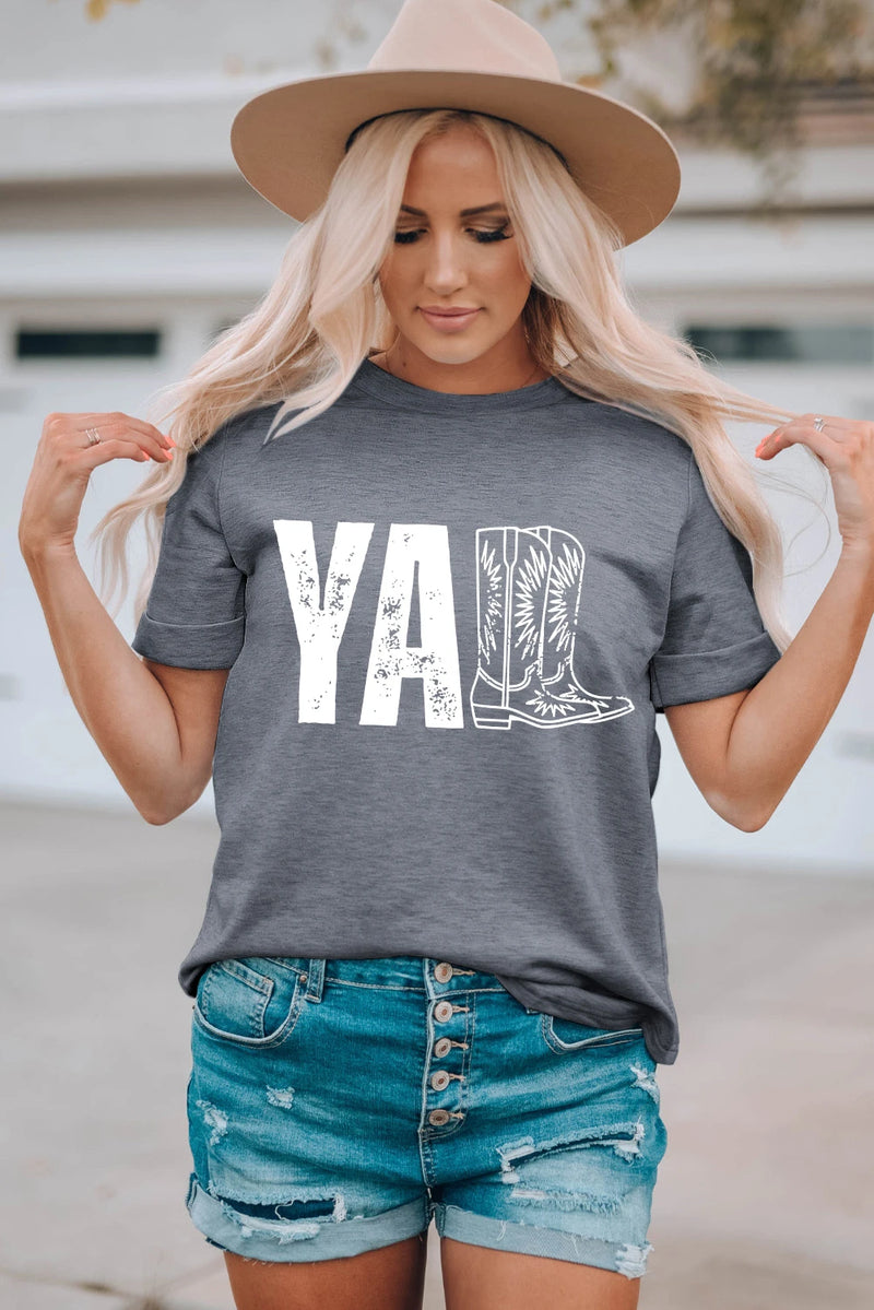 Load image into Gallery viewer, DLLS752 - Ladies Gray YALL Western Boots Printed Tee
