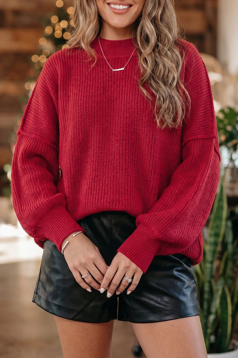 Load image into Gallery viewer, DLLS738 - Ladies Red Dahlia Long Sleeve Ribbed Knit Stand Neck Regular Fit Sweater
