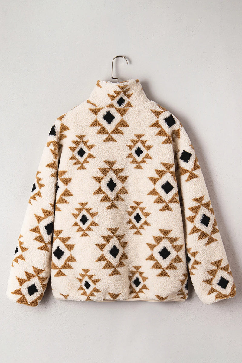 Load image into Gallery viewer, DLLS201 - Ladies Khaki Aztec Print Sherpa Quarter Zip Collar Sweatshirt
