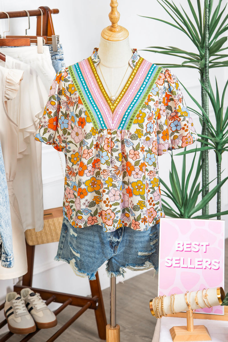 Load image into Gallery viewer, DLLS939 - Ladies Multicolour Crochet V Neckline Puff Sleeve Boho Flower Blouse

