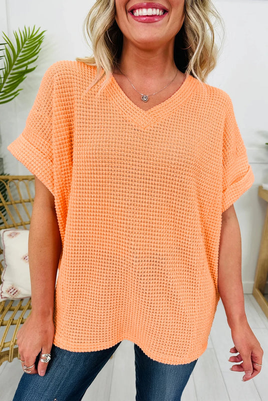 DLLS527 - Ladies Grapefruit Orange Waffle V Neck Short Sleeve Knit Top