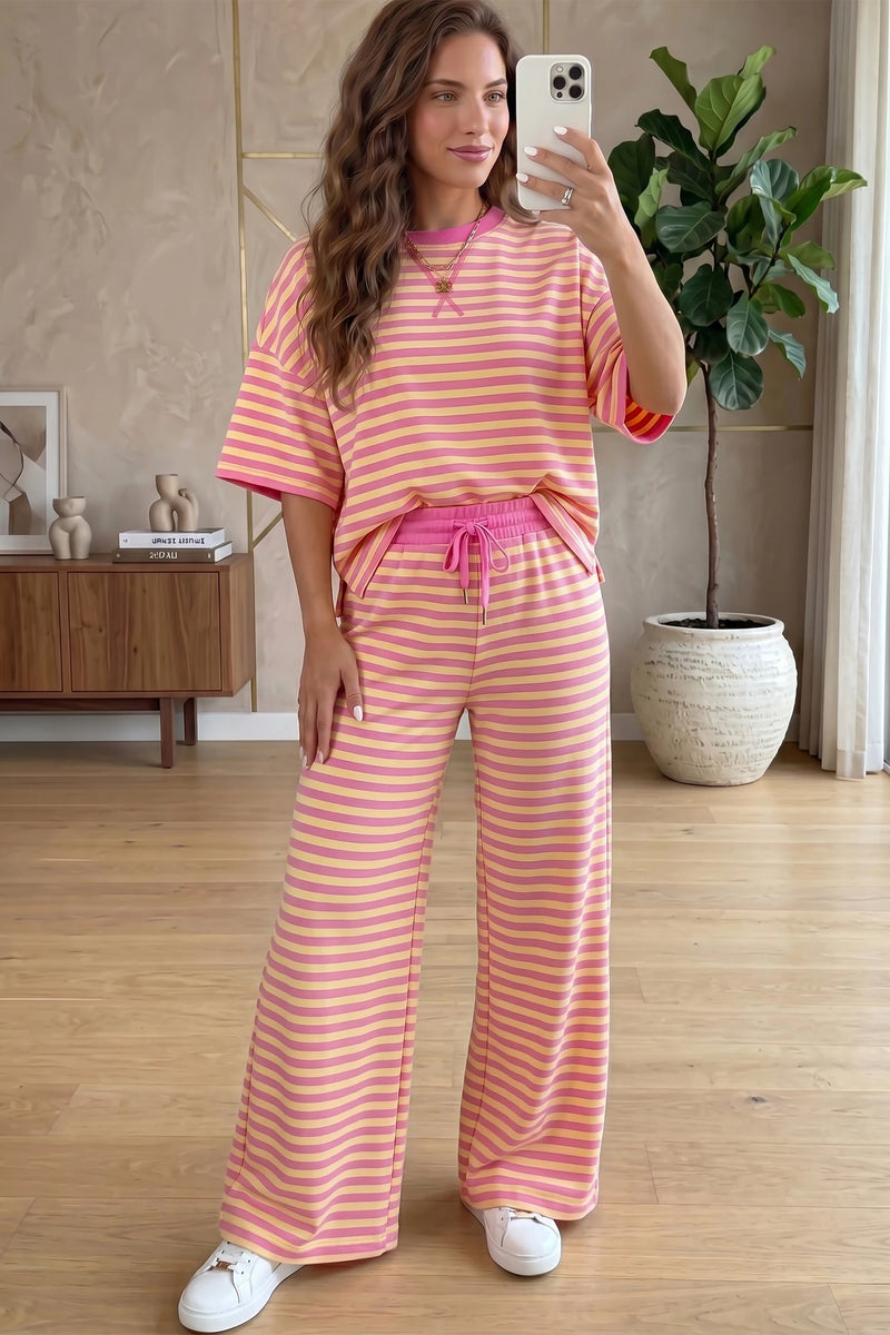 Load image into Gallery viewer, DLLS772 - Ladies Pink Stripe Crew Neck Loose Tee Drawstring Elastic Waist 2pcs Pant Set
