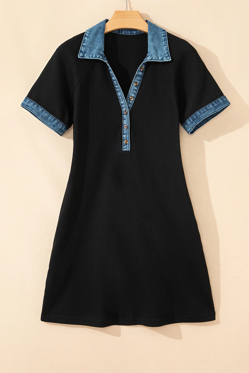 Load image into Gallery viewer, DLLS488 - Ladies Black Waffle Knit Denim Contrast Trim Patchwork Button Polo Tee Dress

