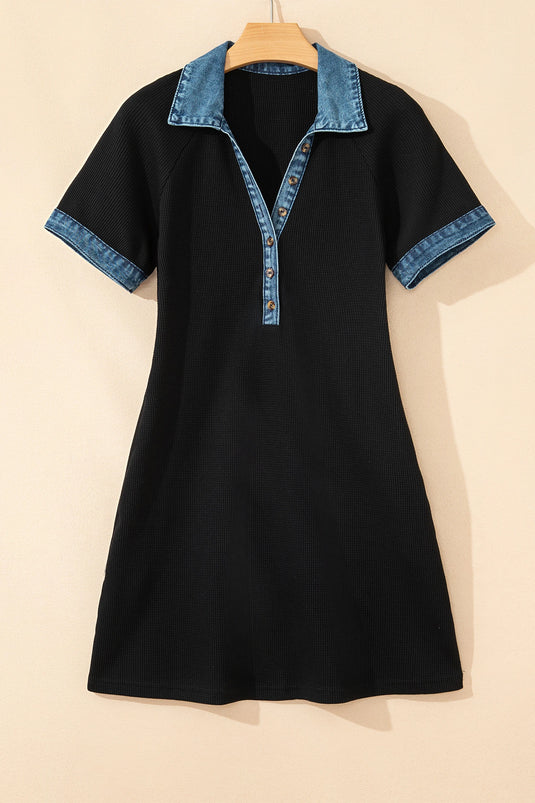 DLLS488 - Ladies Black Waffle Knit Denim Contrast Trim Patchwork Button Polo Tee Dress