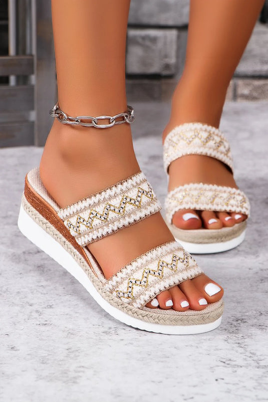 DLLSHOE 136 - Beige Crochet Dual Band Wedge Slippers