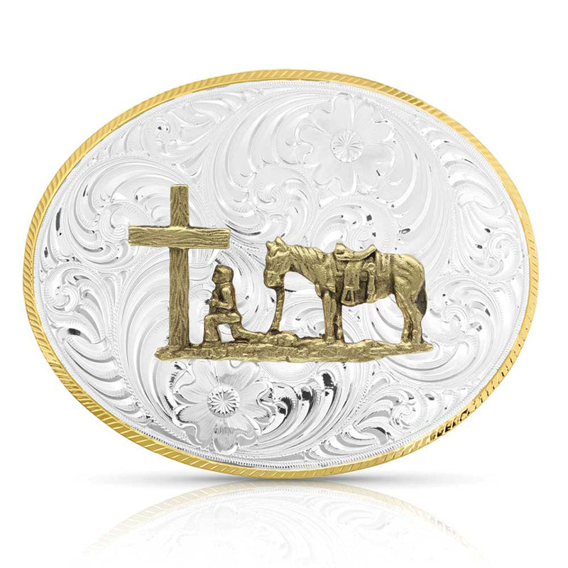 Load image into Gallery viewer, 5007-731M - Montana Silversmiths Petite Two-Tone Engraved Buckle with Christian Cowboy
