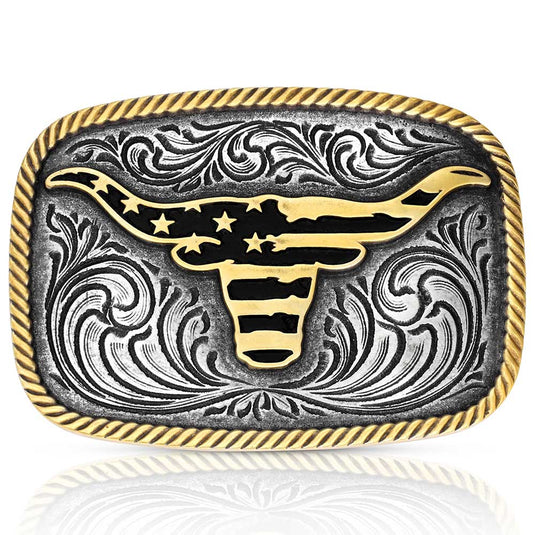 A1054P - Montana Silversmiths Western Patriotic Longhorn Buckle