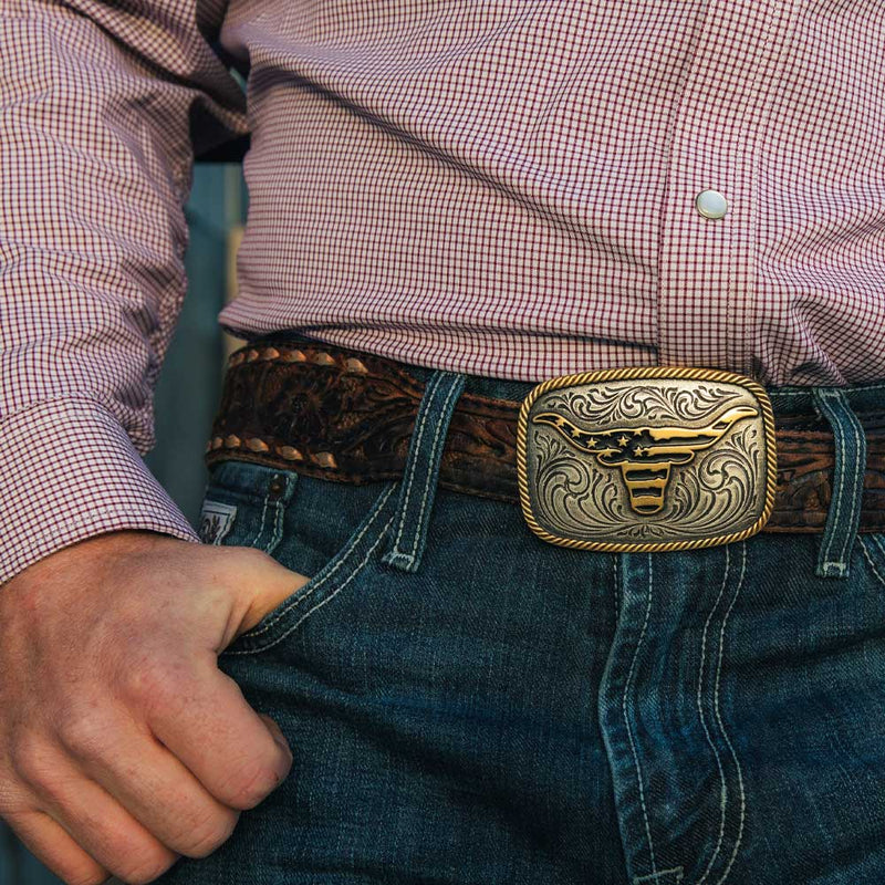 Load image into Gallery viewer, A1054P - Montana Silversmiths Western Patriotic Longhorn Buckle
