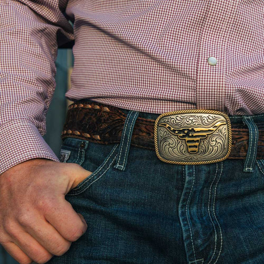 A1054P - Montana Silversmiths Western Patriotic Longhorn Buckle