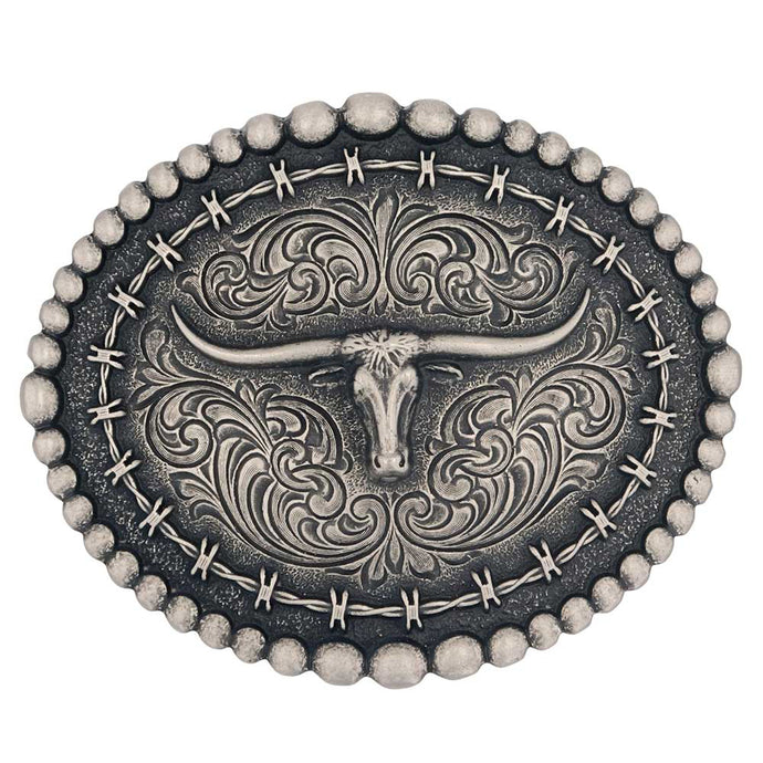 A972S - Montana Silversmiths Rustic Barbed Wire Longhorn Buckle