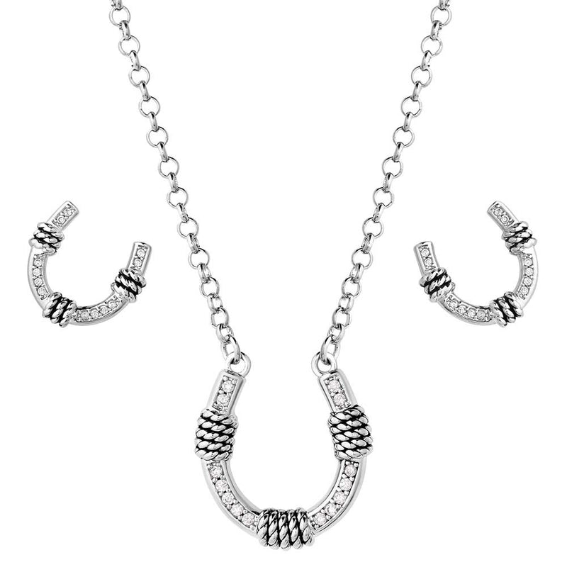 Load image into Gallery viewer, JS6038 - Montana Silversmiths Roped Horseshoe Crystal Jewelry Set
