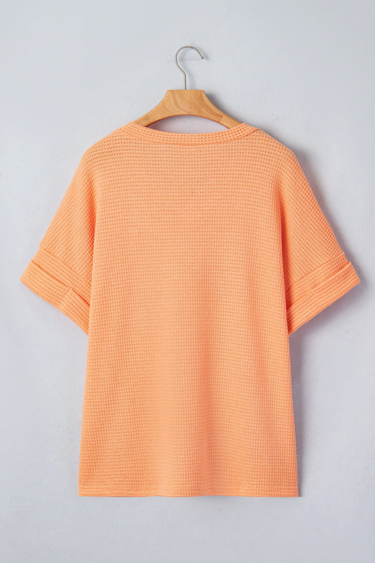 DLLS527 - Ladies Grapefruit Orange Waffle V Neck Short Sleeve Knit Top