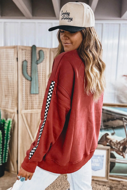 DLLS660 - Ladies Mineral Red Plaid Striped Long Sleeve Round Neck Ribbed Cuff Casual Sweatshirt
