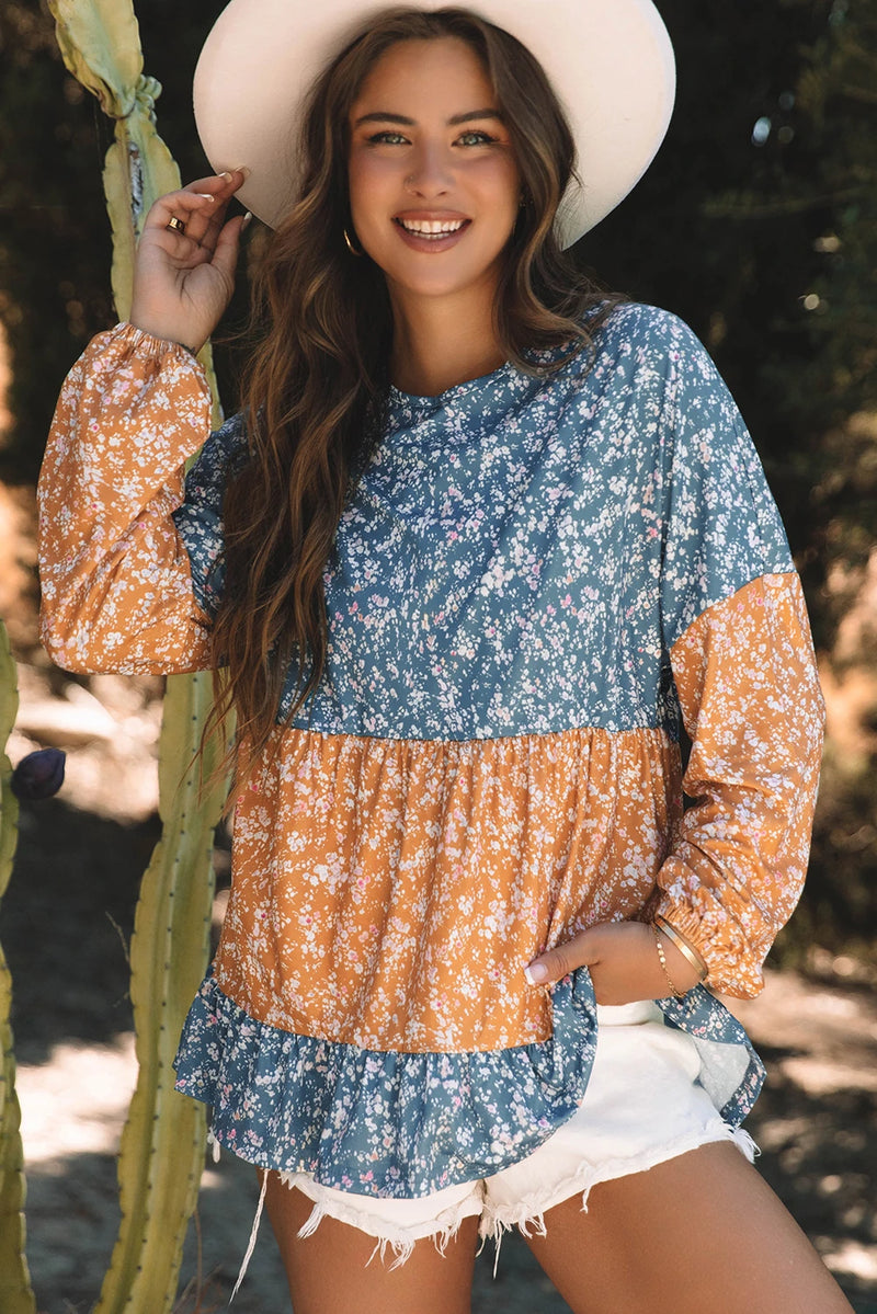 Load image into Gallery viewer, DLLS906 - Ladies Orange Floral Color Block Patchwork Ruffled Hem Round Neck Blouse
