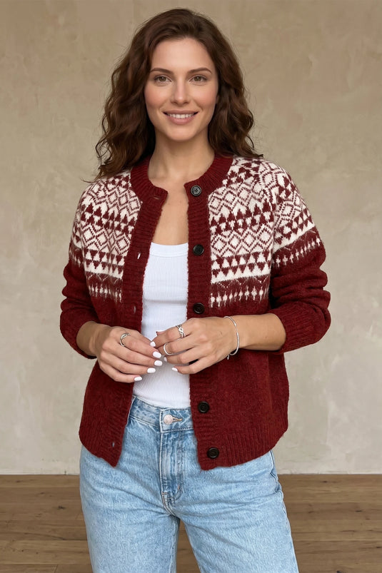 DLLS718 - Ladies Red Geometric Print Button Front Long Sleeve Knitwear Cardigan