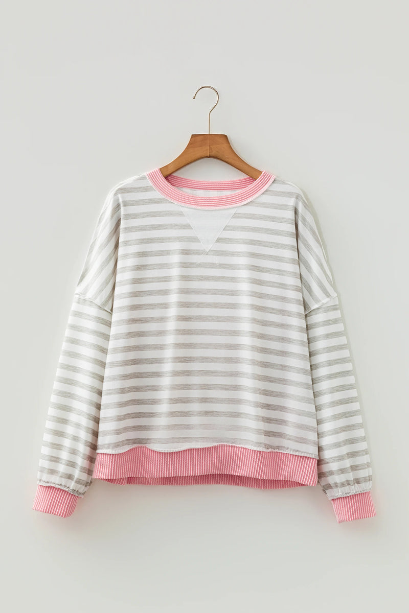 Load image into Gallery viewer, DLLS1019 - Ladies Pink Twisted Rib Trim Striped Round Neck Loose Pullover Sweatshirt
