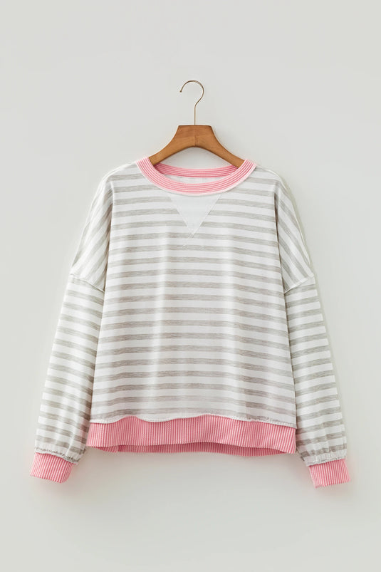 DLLS1019 - Ladies Pink Twisted Rib Trim Striped Round Neck Loose Pullover Sweatshirt
