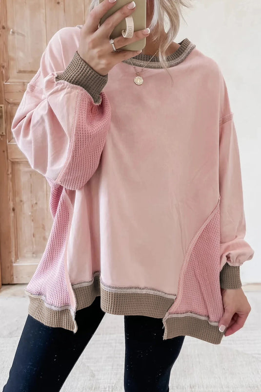 DLLS360 - Ladies Light Pink Color Block Mix Texture Waffle Patchwork Oversize Sweatshirt