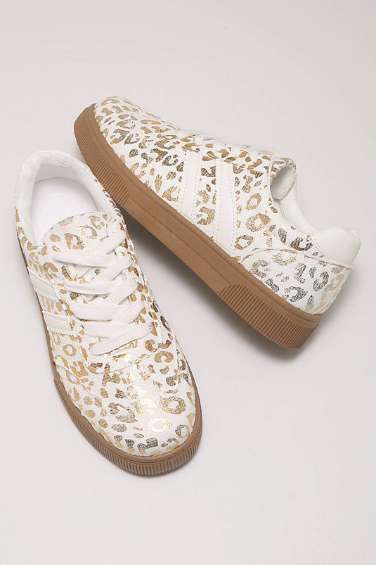 DLLSHOE 91 - Gold Metallic Leopard Print Lace Up Flat Shoes