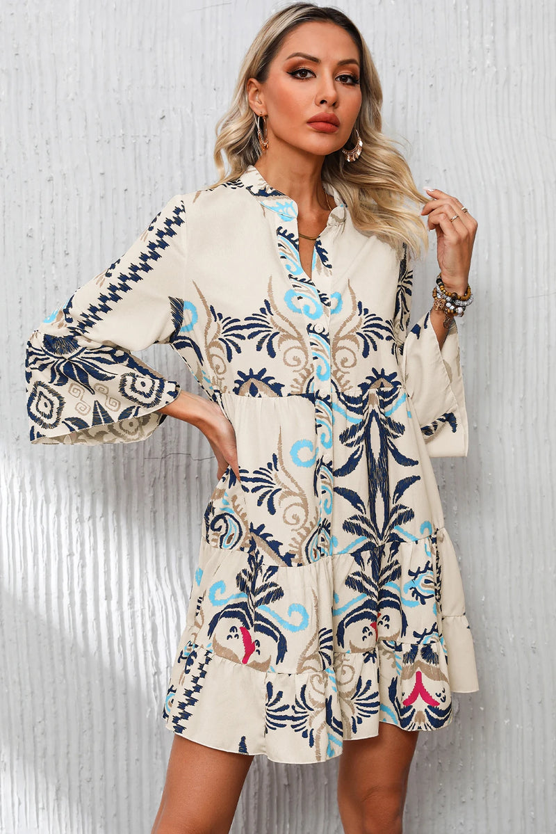Load image into Gallery viewer, DLLS447 - Ladies White Printed Tribal Bracelet Sleeve Buttoned Mini Dress

