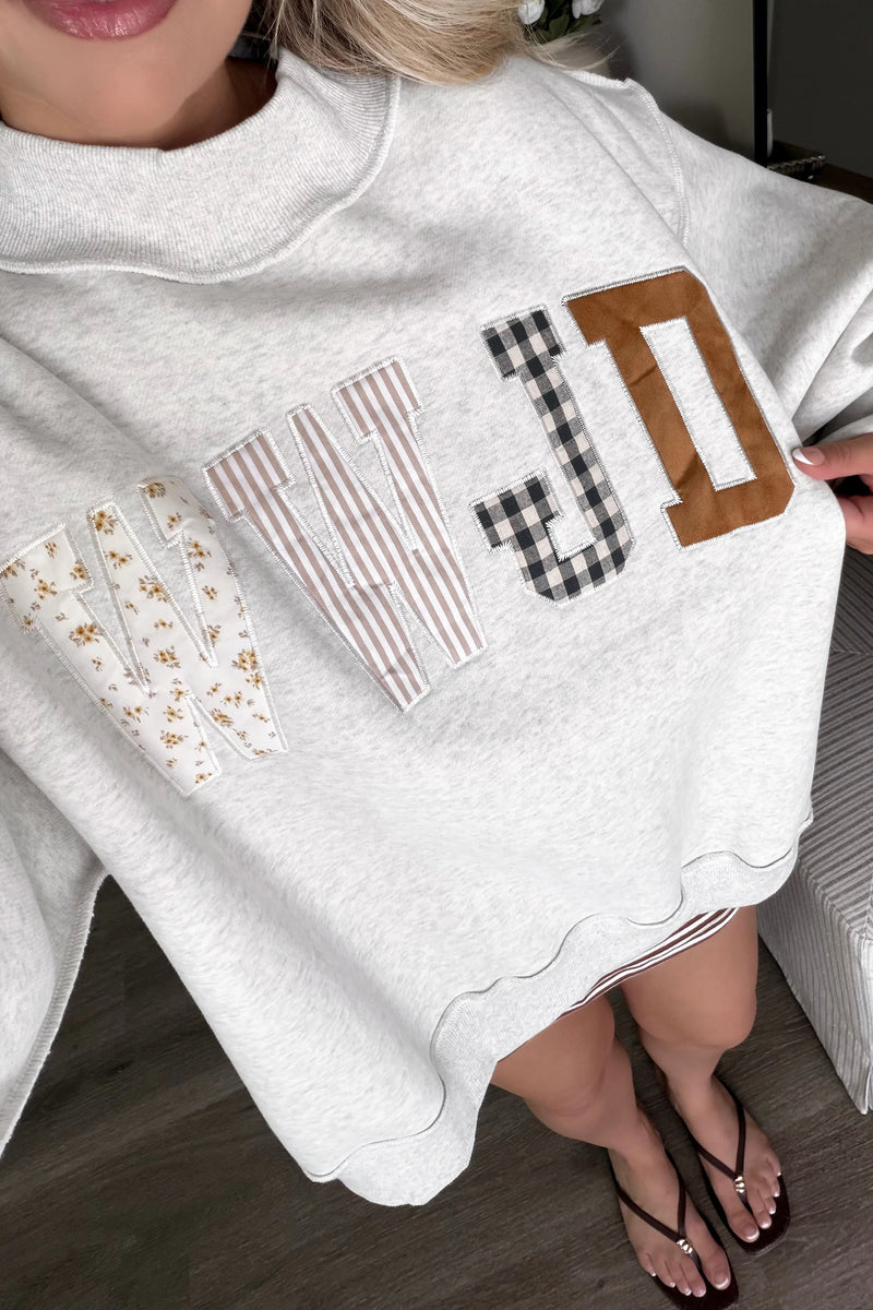 Load image into Gallery viewer, DLLS898 - Ladies Gray WWJD Embroidered Patch Graphic Mock Neck Sweatshirt

