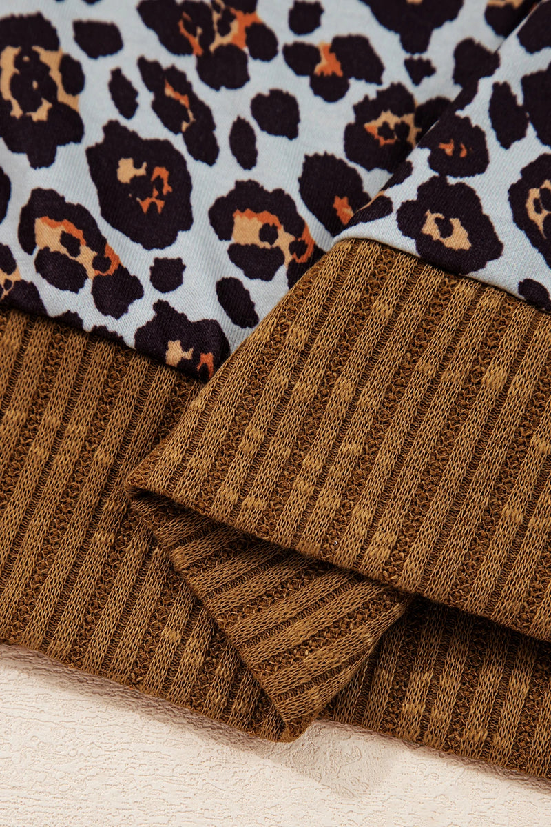 Load image into Gallery viewer, DLLS195 - Ladies Brown Leopard Floral Print Ribbed Puff Sleeve Patchwork Loose Pullover

