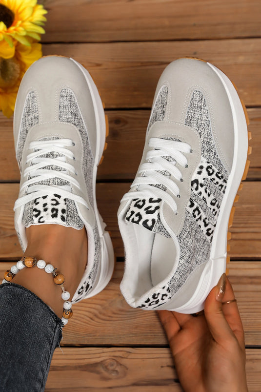 DLLSHOE 75 - White Mix Texture Patchwork Leopard Detail Lace Up Sneakers