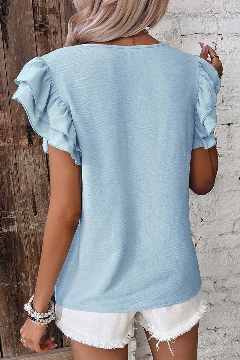 Load image into Gallery viewer, DLLS452 - Ladies Mist Blue Solid Color Ruffled Short Sleeve Casual Blouse
