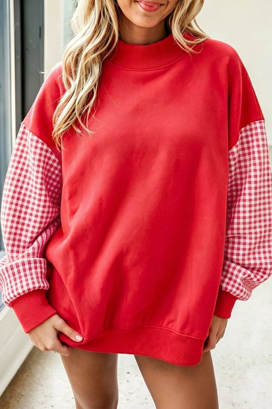 DLLS887 - Ladies Fiery Red Plaid Sleeve Colorblock Loose Tunic Sweatshirt