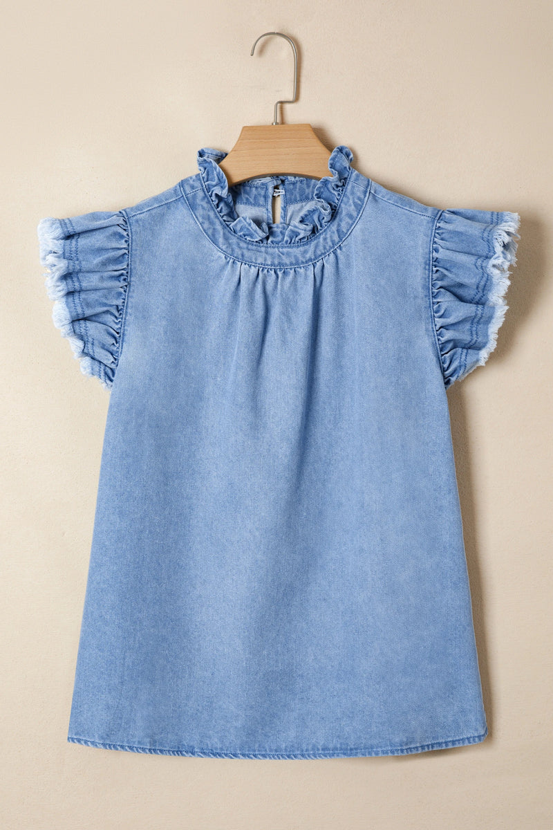 Load image into Gallery viewer, DLLS637 - Ladies Beau Blue Frilled Collar Flutter Sleeve Denim Top
