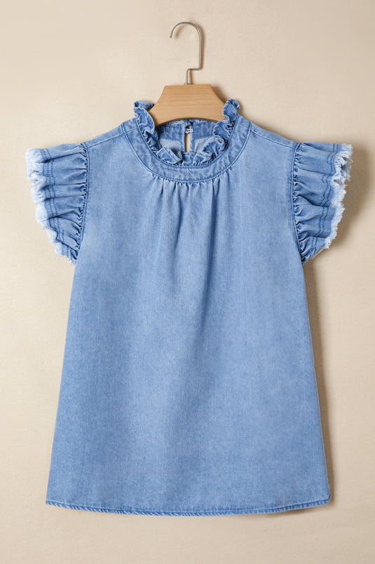 DLLS637 - Ladies Beau Blue Frilled Collar Flutter Sleeve Denim Top