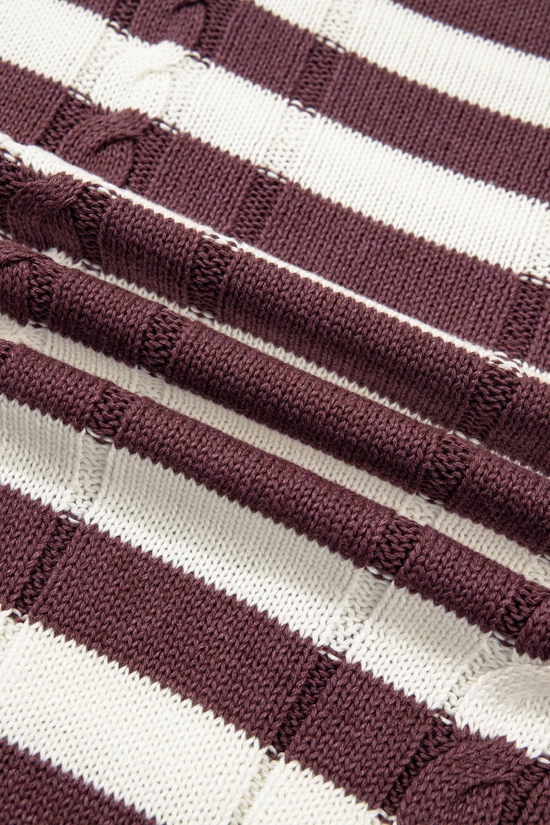 Load image into Gallery viewer, DLLS1151 - Ladies Brown Stripe Ribbed Knit Cable Detail Short Sleeve Sweater
