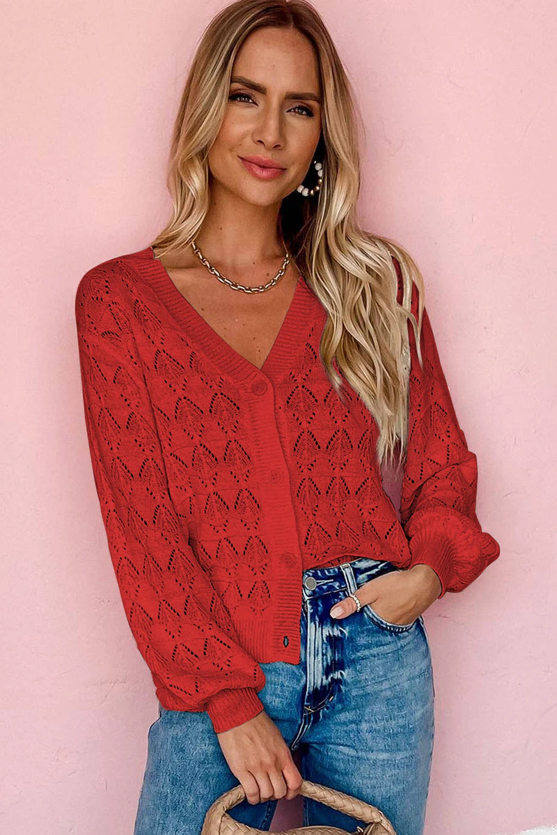 Load image into Gallery viewer, DLLS264 - Ladies Fiery Red Lightweight Buttoned Front Crochet Cardigan
