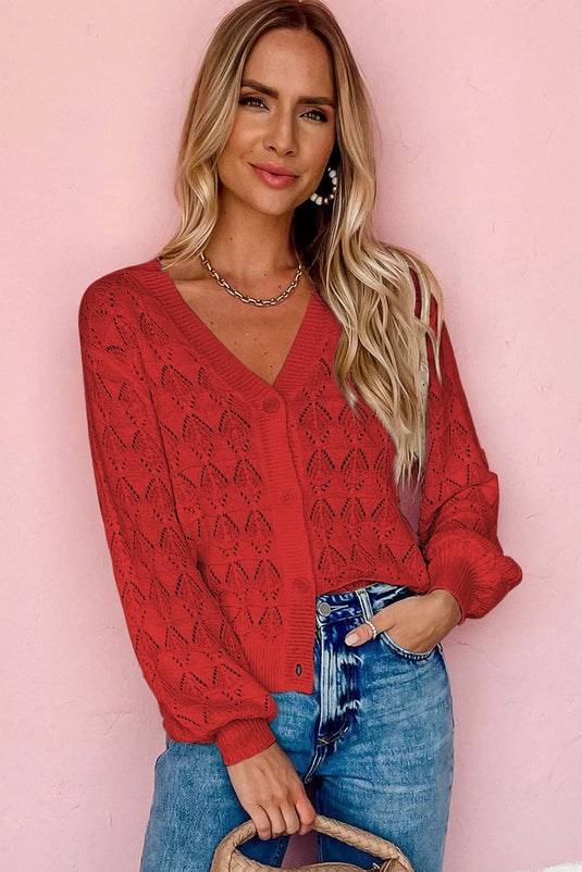 DLLS264 - Ladies Fiery Red Lightweight Buttoned Front Crochet Cardigan