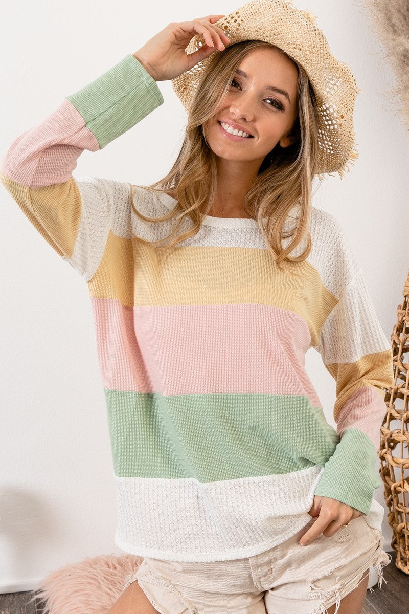 Load image into Gallery viewer, BIBI5- Ladies Thermal Color Block Waffle Crew Neck Top
