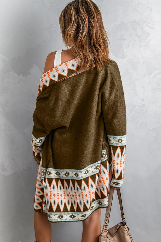DLLS757 - Ladies Brown Aztec Print Open Front Knitted Cardigan