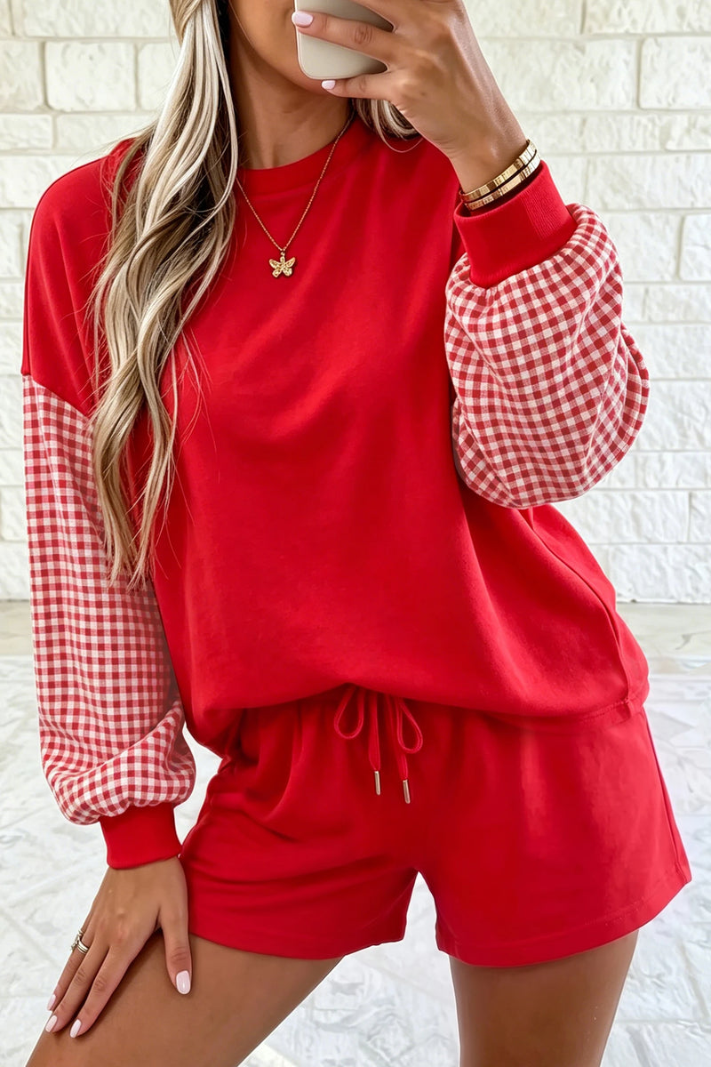 Load image into Gallery viewer, DLLS1011 - Ladies Red Plaid Patchwork Long Sleeve Top Solid Drawstring Shorts Set

