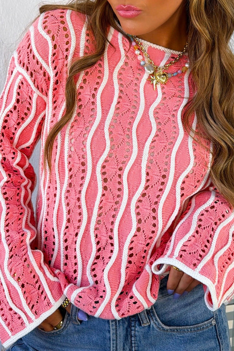 Load image into Gallery viewer, DLLS657 - Ladies Pink Casual Loose Fit Long Sleeve Round Neck Knit Sweater Pullover
