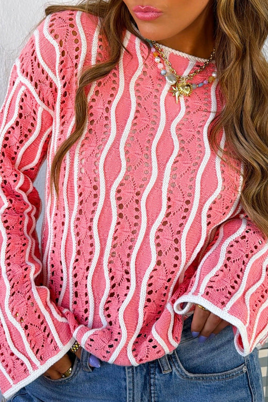 DLLS657 - Ladies Pink Casual Loose Fit Long Sleeve Round Neck Knit Sweater Pullover