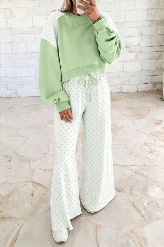 DLLS1088 - Ladies Green Polka Dot Patchwork Colorblock Long Sleeve Casual Two Piece Pants Set