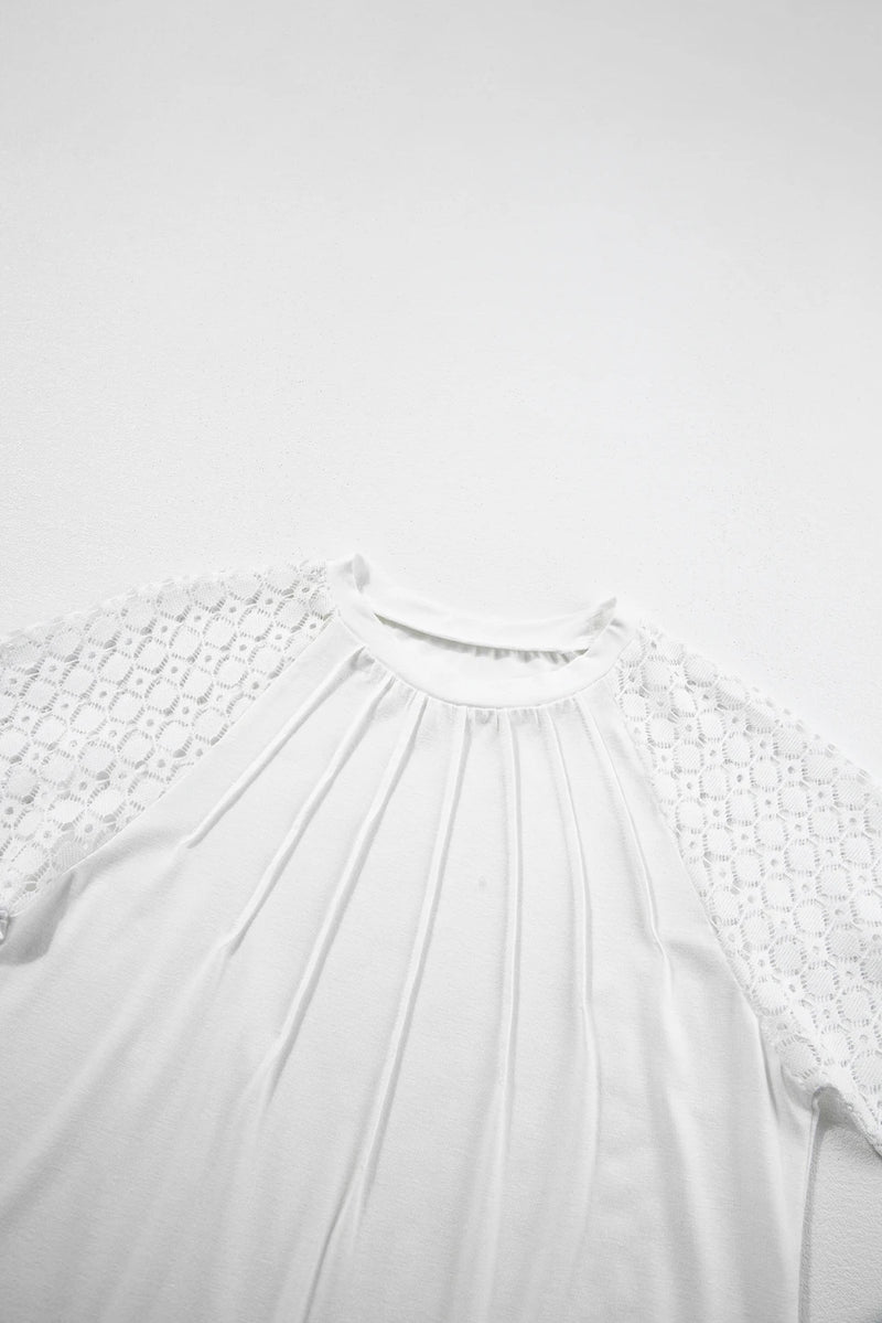 Load image into Gallery viewer, DLLS502 - Ladies White Seamed Detail Contrast Lace Raglan Sleeve Tee
